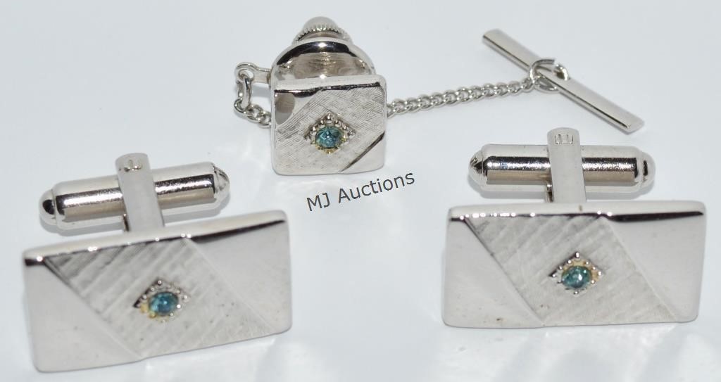 Sarah Coventry Cufflinks Tie Bar Silver Aqua