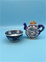 Blue Oriental Bowl And Tea Pot