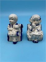 Set Of 2 Blue And White Boy And Girl Figurines
