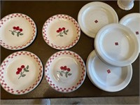 4 cherry plates and 8 white enamel plates