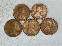 Two 1926, three 1927 Lincoln wheat cents
