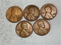 Five Lincoln wheat cents