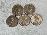 Five 1943D Zinc coat Lincoln wheat cents