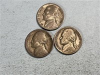 Three wartime silver nickels
