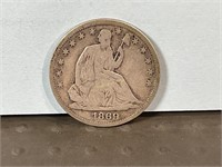 1869S Liberty seated half dollar