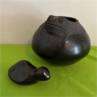 Carlos Cota Signed Black Pottery Frog and Turtle