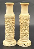 (2) Carved Bone Asian Bud Vases
