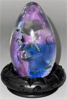 Hand Blown Art Glass Blue & Purple Egg on Stand