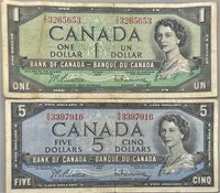 (2) 1954 P $5 & $1 Canadian Bills