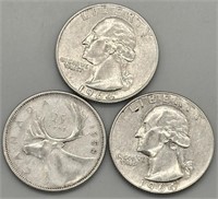 2- 1964 D Quarters & 1- 1958 Canadian Quarter
