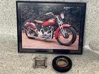 Framed Indain photo & 2 Indian ashtrays