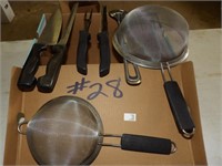 BOX LOT - misc utensils and strainers