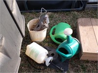 Watering cans, spot sprayer, bucket w/ dog anchors