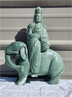 Green Marble Carved Elephant Seated Guanyin