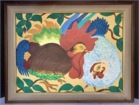 27" Folk Art Chickens Painting on Board, Naive