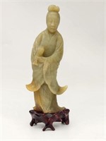 Carved Jade Guanyin Figure w/ Chip on Pedestal
