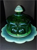 Vtg Green Opalescent Cherry & Cable Butter Dish