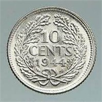 1944 10 Cent Silver Coin - Netherlands Dime - Rare