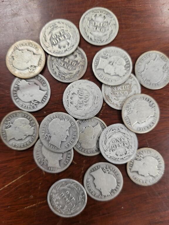 US Silver Coins 18 Liberty Dimes, Circulated loose