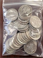 US Silver Coins 42 Mercury (x25) & Roosevelt Dimes