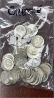 US Silver Coins 50 Roosevelt Dimes, Circulated loo