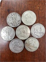 US Coins 7 Silver Half Dollars, 1 Walking Liberty,