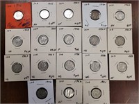 US Silver Coins 18 Mercury Dimes, mixed dates & mi