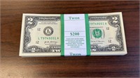 US Paper Money 100 X $2 Bills bank wrapped and seq