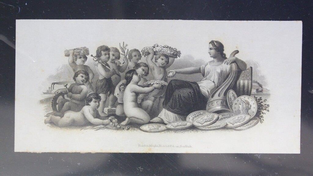 Banknote engraving with coins and allegorical
