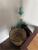 Lg Basket, Tall Glass Candle Holder and Throw