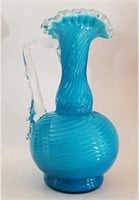 Antique BLUE CASED SWIRL GLASS RUFFLE EWER