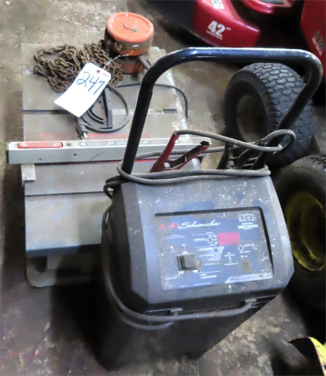 Chain Hoist, Saw and Battery Charger. All Untested