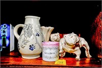 (2) Glass Bulldogs, German Wick Water Pitcher and