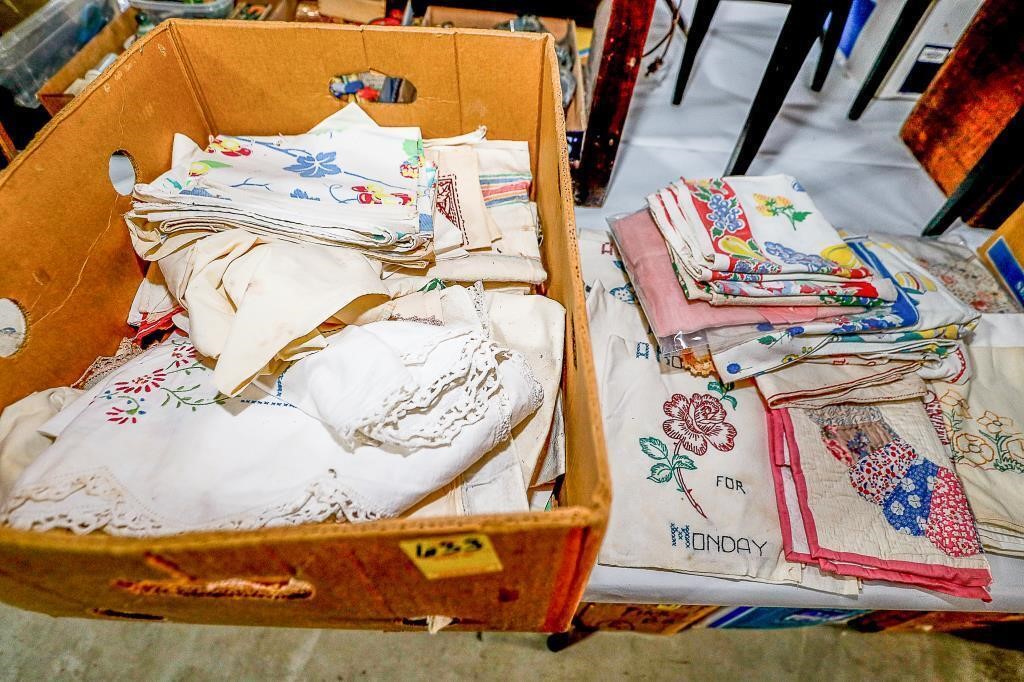 Box of Vintage Table Cloths, Tea Towels,