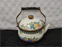 Vintage ASTA Enamel Floral Tea Kettle Wood Handle