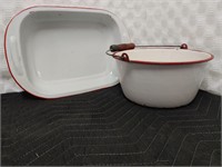 Vintage Red/White Enamel Pan and Pot