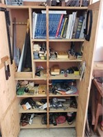 WOODEN STORAGE CABINET WITH CONTENTS