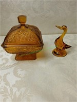 Vtg Amber Indiana Glass Candy Dish/Duck