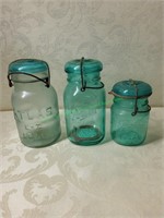 2 Ball & 1 Atlas Blue Jars with Glass Lids