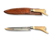 Vintage Steel Hunting Knife Antler Bone Handle
