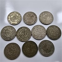 10 Silver Mexico 1peso coins.  dates range from
