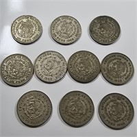 10 Silver Mexico 1 Peso coins.  Date range