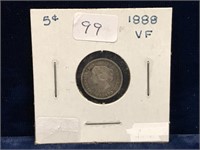 1888 Can Silver Five Cent Piece  VF