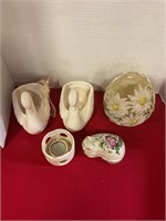 Napkin holder, swan planters and wall hanging