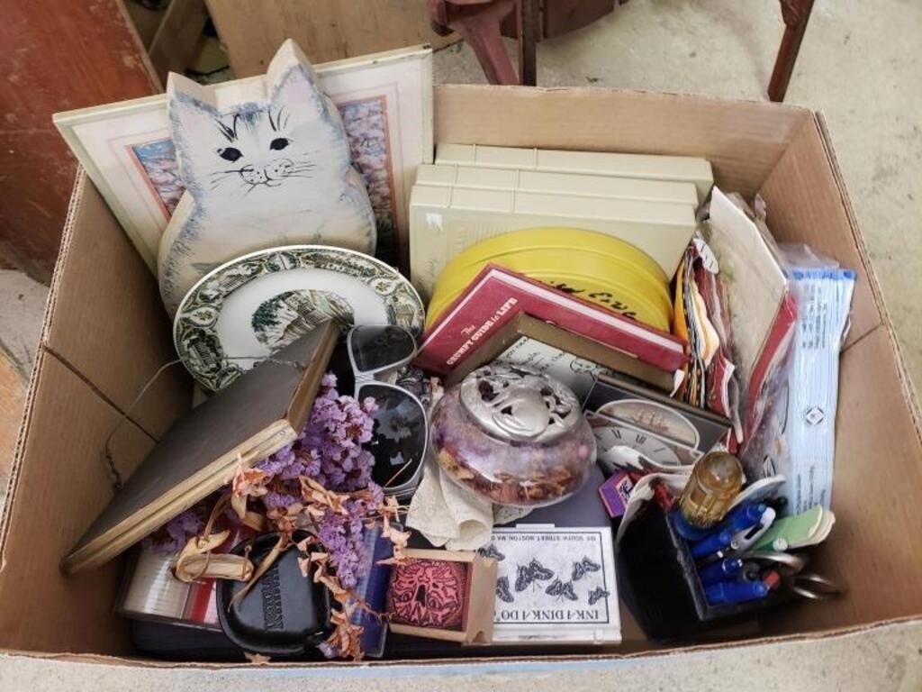 BOX LOT OF POKER CHIPS, PENS, CAT ITEMS AND MORE