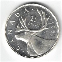 1951 Canadian Quarter 25 Cents Silver Coin