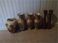 Vintage Satsuma Vases 7& Wooden Candlwe Holders
