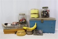 Vtg. Sewing Supplies, Celluloid Boxes, Buttons ++