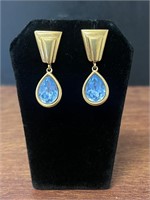 Vintage Monet Earrings Blue Gold Toned Teardrop