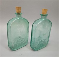 2 Green Glass Embossed Glass Flask Bottles w/Cork
